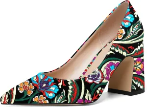 SHOWFOREST Womens Dating Pointed Toe Patent Dress Slip On Chunky High Heel Pumps Shoes 3.3 Inch