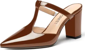 SHOWFOREST Women's Pointed Toe Slip On T Strap Wedding Patent Dress Block High Heel Pumps Sandals Shoes 3.3 Inch