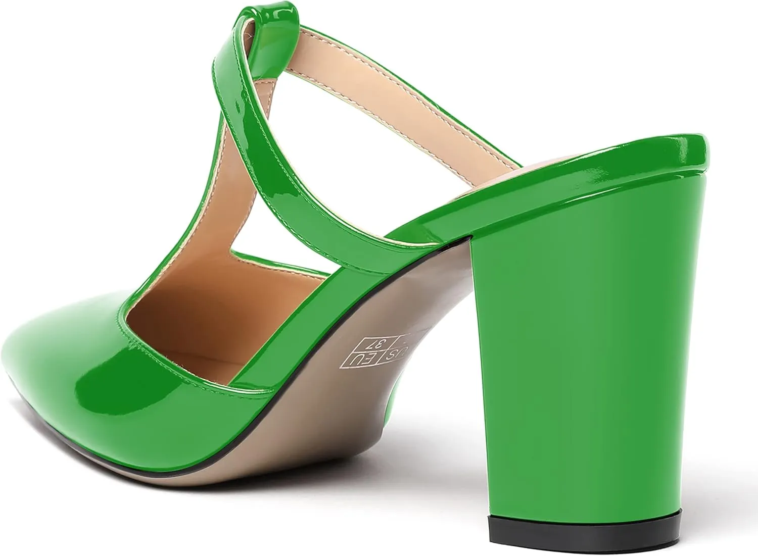 SHOWFOREST Women's Pointed Toe Slip On T Strap Wedding Patent Dress Block High Heel Pumps Sandals Shoes 3.3 Inch