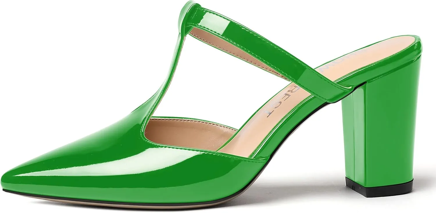 SHOWFOREST Women's Pointed Toe Slip On T Strap Wedding Patent Dress Block High Heel Pumps Sandals Shoes 3.3 Inch