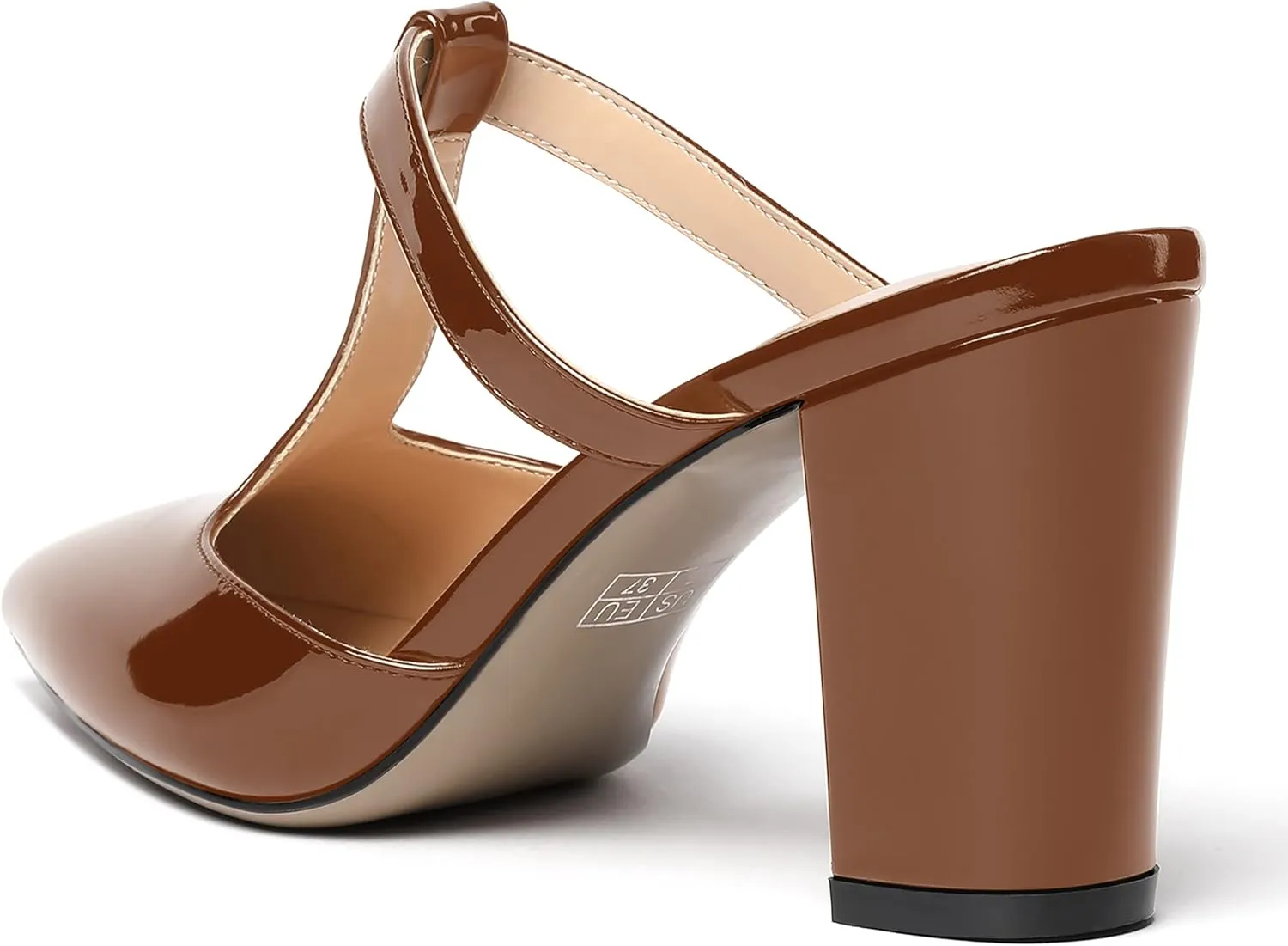 SHOWFOREST Women's Pointed Toe Slip On T Strap Wedding Patent Dress Block High Heel Pumps Sandals Shoes 3.3 Inch