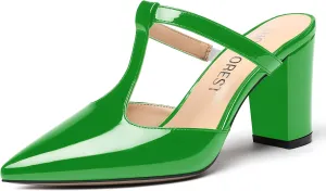 SHOWFOREST Women's Pointed Toe Slip On T Strap Wedding Patent Dress Block High Heel Pumps Sandals Shoes 3.3 Inch