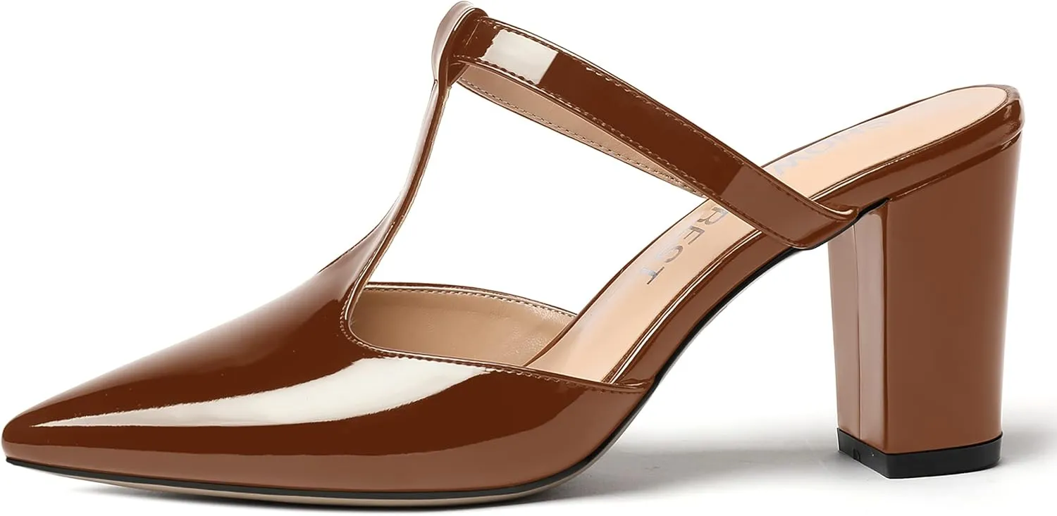 SHOWFOREST Women's Pointed Toe Slip On T Strap Wedding Patent Dress Block High Heel Pumps Sandals Shoes 3.3 Inch