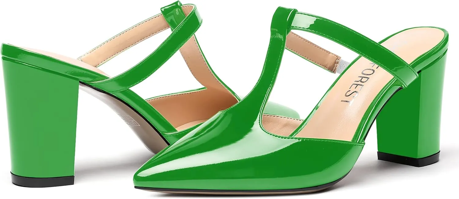 SHOWFOREST Women's Pointed Toe Slip On T Strap Wedding Patent Dress Block High Heel Pumps Sandals Shoes 3.3 Inch
