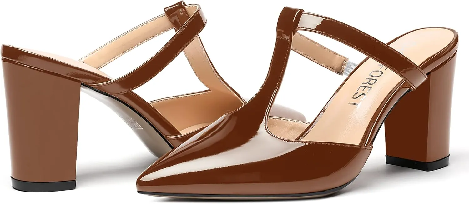 SHOWFOREST Women's Pointed Toe Slip On T Strap Wedding Patent Dress Block High Heel Pumps Sandals Shoes 3.3 Inch
