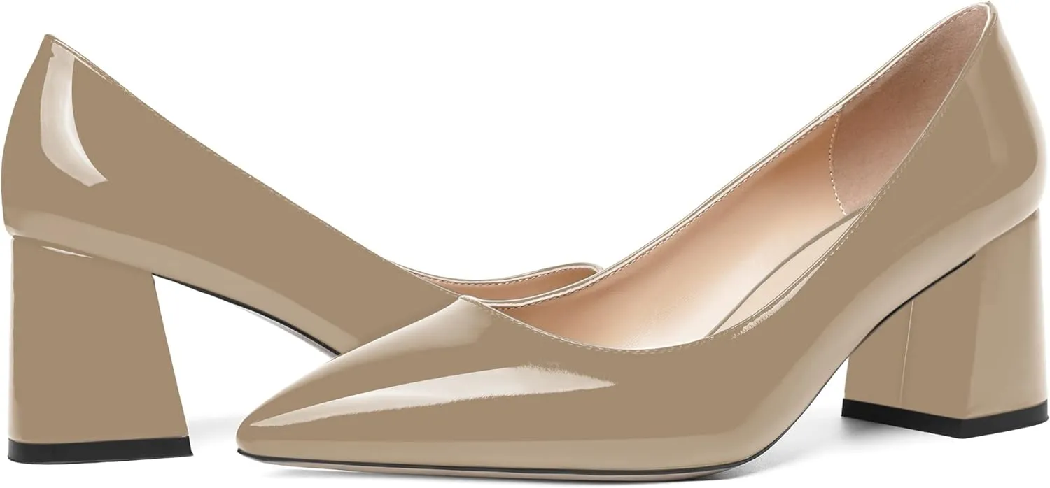 SHOWFOREST Womens Slip On Dress Pointed Toe Patent Evening Chunky Mid Heel Pumps Shoes 2.5 Inch