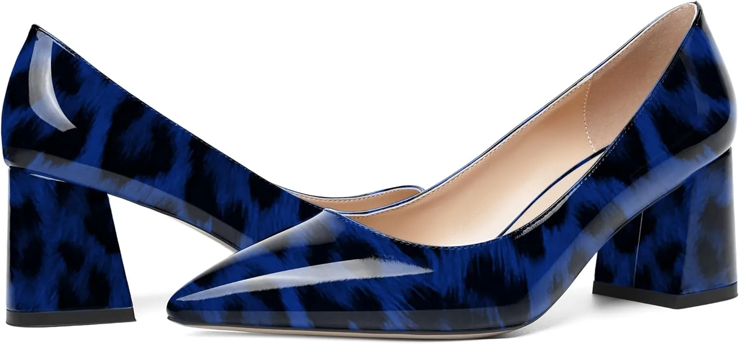 SHOWFOREST Womens Slip On Dress Pointed Toe Patent Evening Chunky Mid Heel Pumps Shoes 2.5 Inch