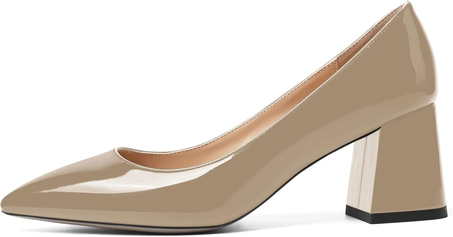 SHOWFOREST Womens Slip On Dress Pointed Toe Patent Evening Chunky Mid Heel Pumps Shoes 2.5 Inch