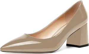 SHOWFOREST Womens Slip On Dress Pointed Toe Patent Evening Chunky Mid Heel Pumps Shoes 2.5 Inch