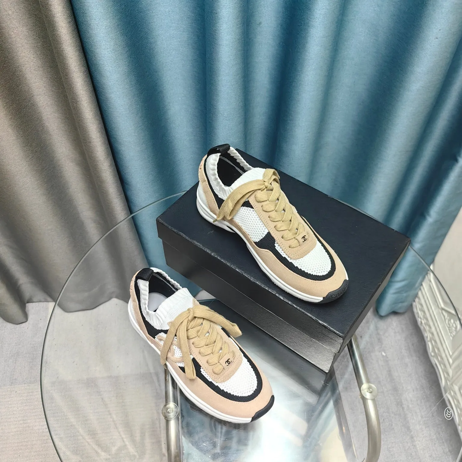 Sneaker Beige Polyester Mesh Fabric Discounted rates Suede White And CHANEL Helpful