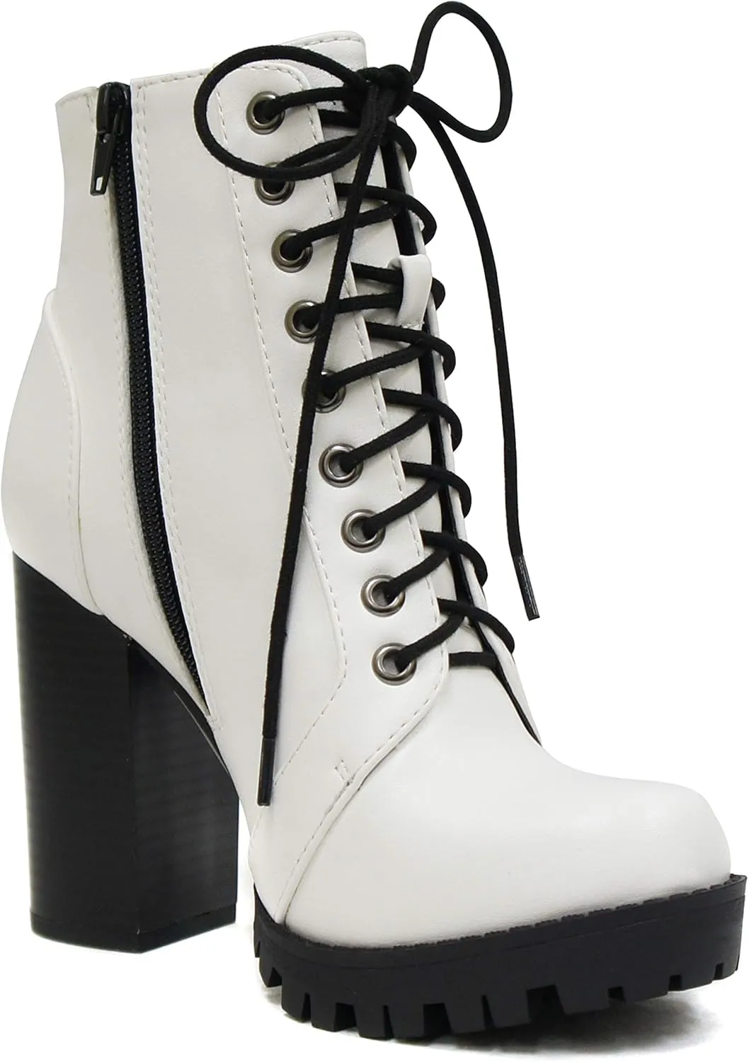 Soda Chalet – Fashion Lace up Military Inspired Ankle Boot with Stacked Heel and Side Zipper
