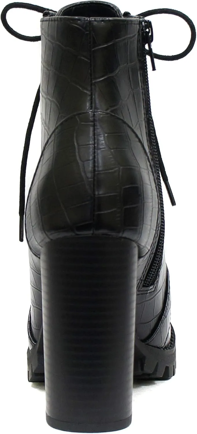 Soda Chalet – Fashion Lace up Military Inspired Ankle Boot with Stacked Heel and Side Zipper