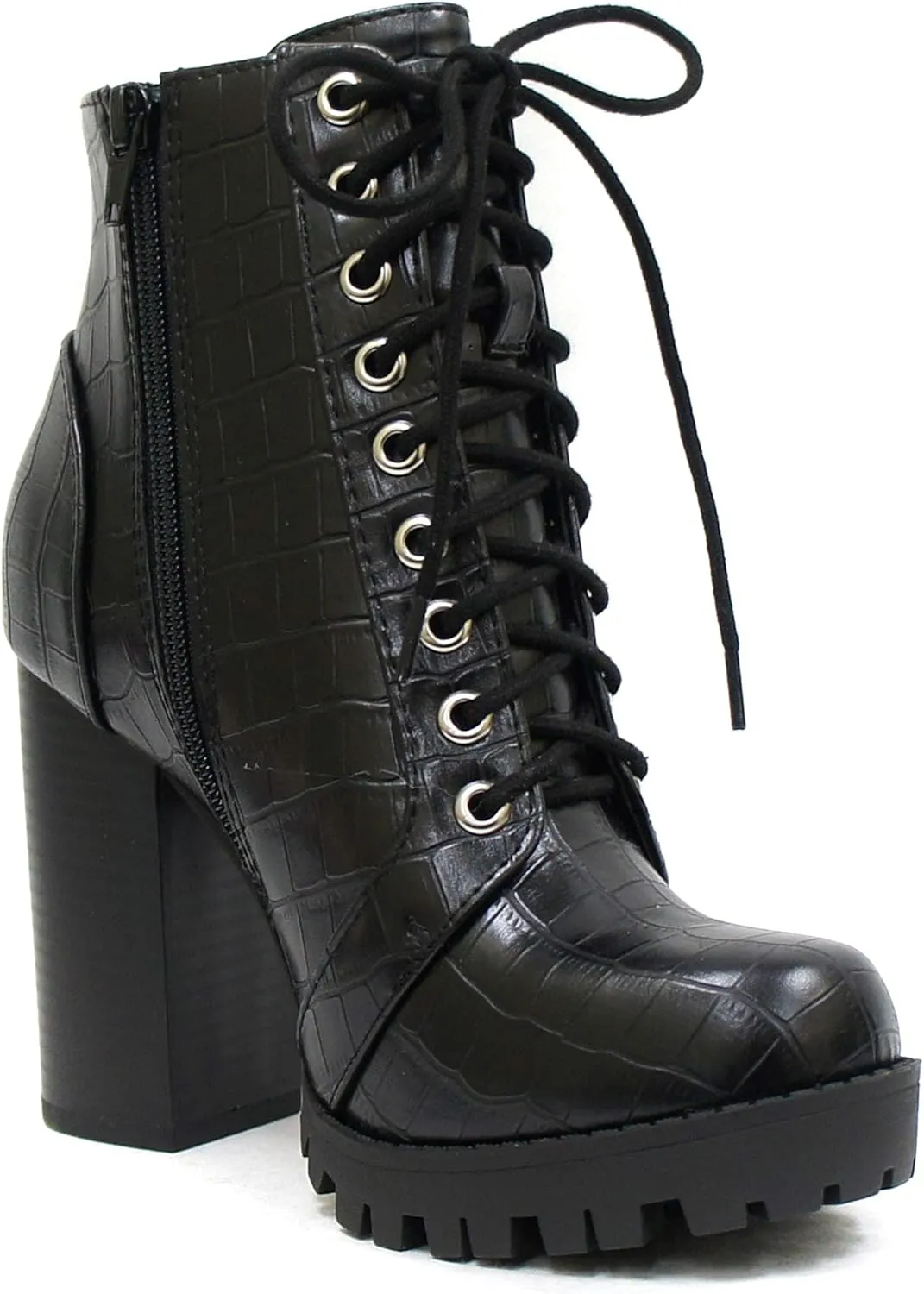 Soda Chalet – Fashion Lace up Military Inspired Ankle Boot with Stacked Heel and Side Zipper
