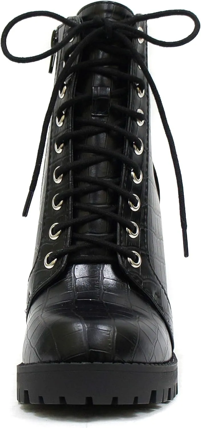 Soda Chalet – Fashion Lace up Military Inspired Ankle Boot with Stacked Heel and Side Zipper