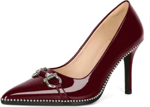 Soireelady Womens High Heel Beaded Pumps Closed Pointed Toe Stiletto Heels Buckle Bow Slip On Fashion Dress Shoes Patent 3.5 Inch