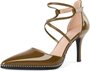 Soireelady Womens High Heel Stilettos Beaded Pumps Criss Cross Ankle Strappy Pointed Toe D'Orsay Heel Dress Shoes 3.5 Inch