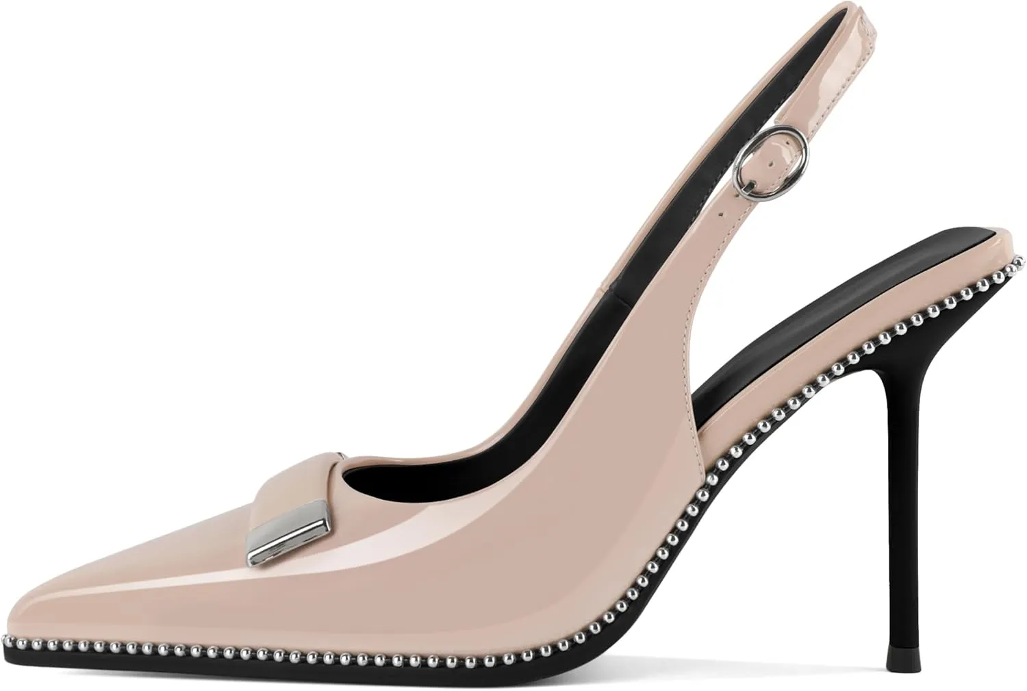 Soireelady Womens Slingback Heels Pointed Toe Stiletto High Heels Beaded Pumps Backless Stretch Metal Buckle 4 Inch Dress Shoes