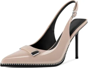 Soireelady Womens Slingback Heels Pointed Toe Stiletto High Heels Beaded Pumps Backless Stretch Metal Buckle 4 Inch Dress Shoes