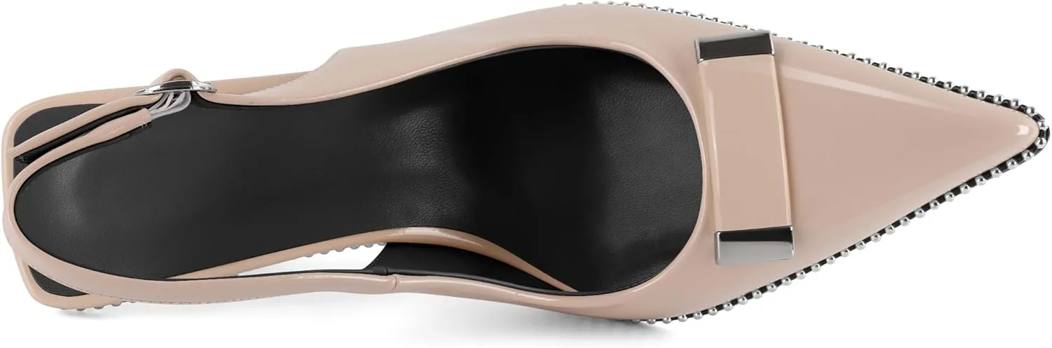 Soireelady Womens Slingback Heels Pointed Toe Stiletto High Heels Beaded Pumps Backless Stretch Metal Buckle 4 Inch Dress Shoes