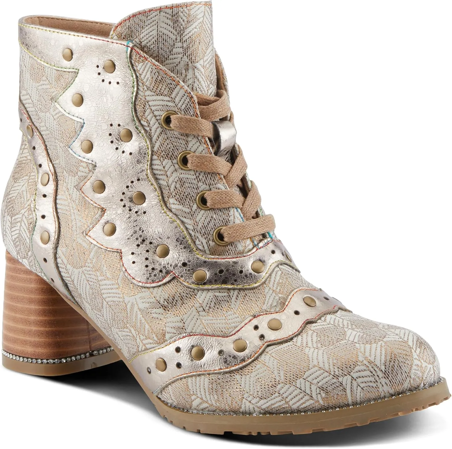 Spring Step L'Artiste Haisley Women's Glamorous Bootie - Crystals & Metallic Studs, Eye-Catching Lace-Up Ankle Boots