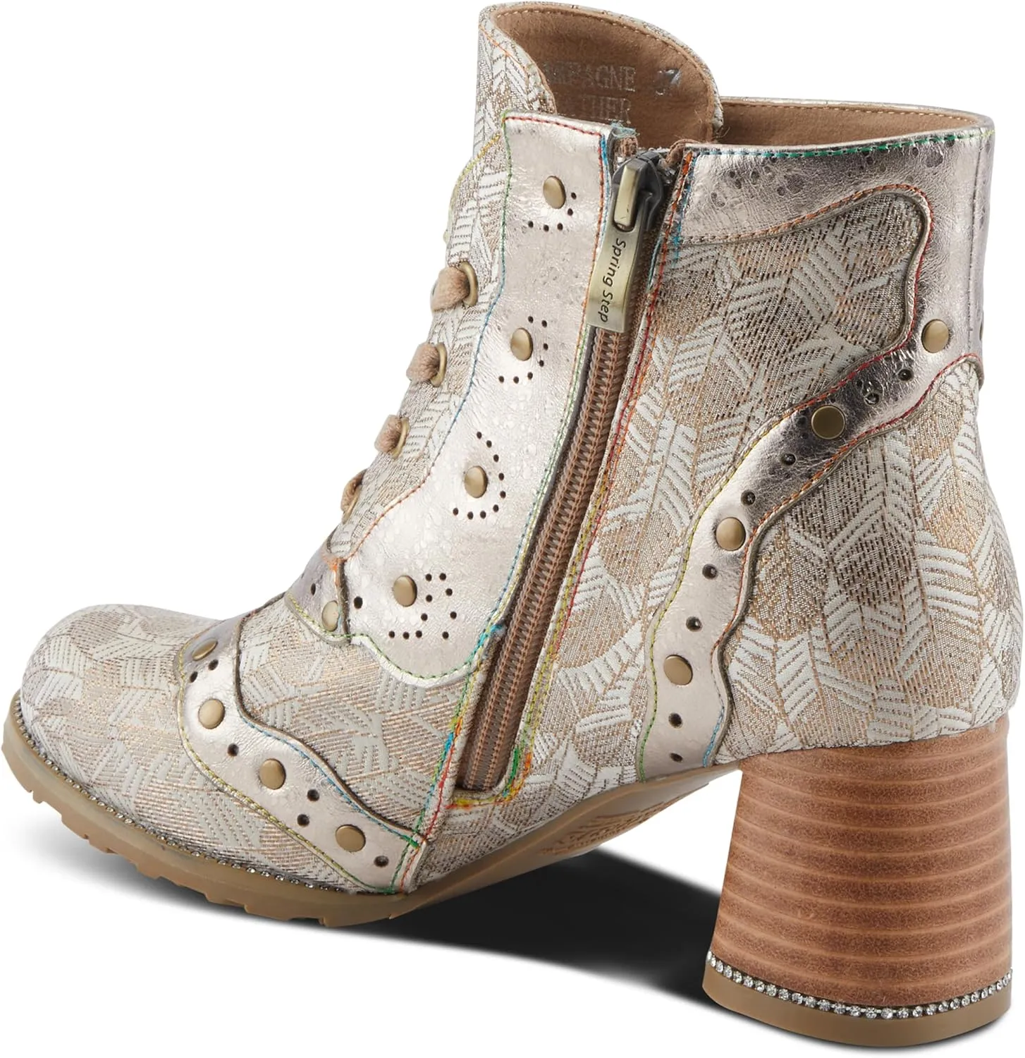 Spring Step L'Artiste Haisley Women's Glamorous Bootie - Crystals & Metallic Studs, Eye-Catching Lace-Up Ankle Boots