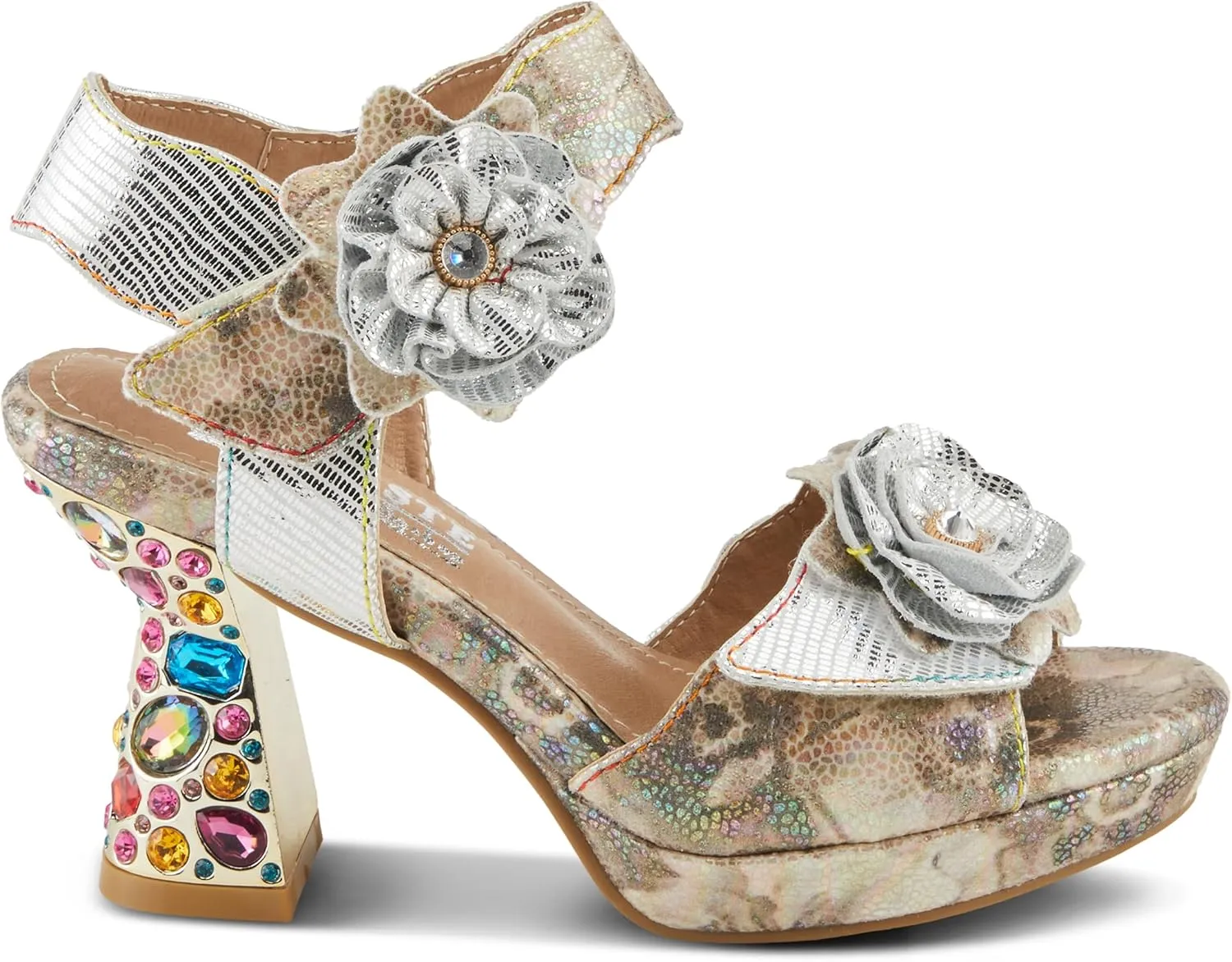 Spring Step L'Artiste Women's SMASHING Metallic Leather Sandals - Opulent Decorative Flowers, Sculpted Jewel Heel, Wearable Art Footwear