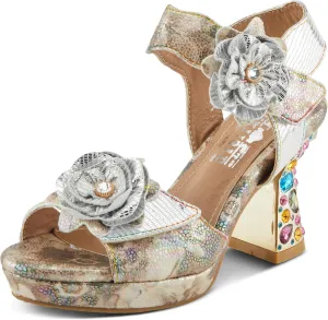 Spring Step L'Artiste Women's SMASHING Metallic Leather Sandals - Opulent Decorative Flowers, Sculpted Jewel Heel, Wearable Art Footwear