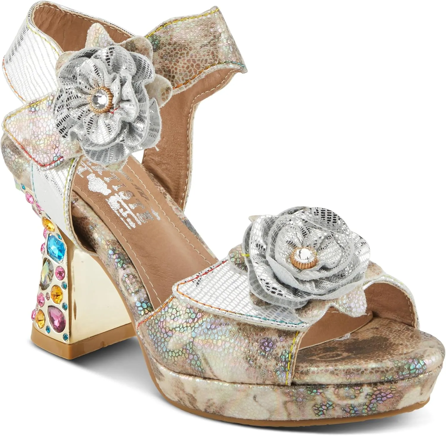 Spring Step L'Artiste Women's SMASHING Metallic Leather Sandals - Opulent Decorative Flowers, Sculpted Jewel Heel, Wearable Art Footwear