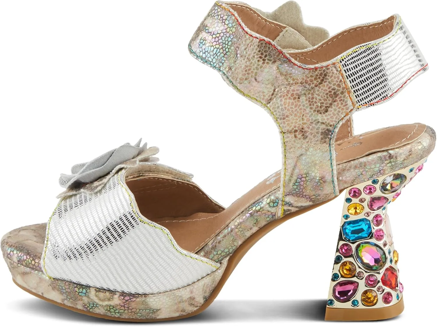 Spring Step L'Artiste Women's SMASHING Metallic Leather Sandals - Opulent Decorative Flowers, Sculpted Jewel Heel, Wearable Art Footwear