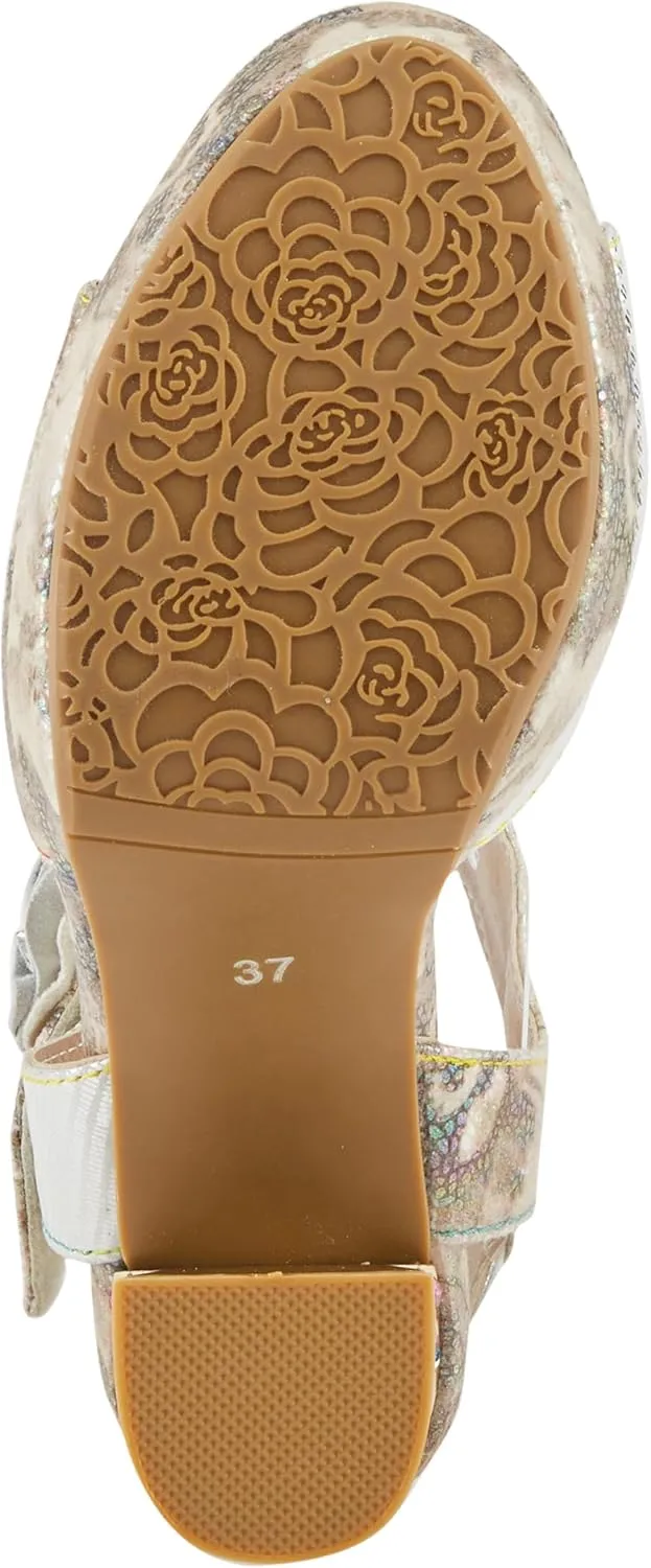 Spring Step L'Artiste Women's SMASHING Metallic Leather Sandals - Opulent Decorative Flowers, Sculpted Jewel Heel, Wearable Art Footwear