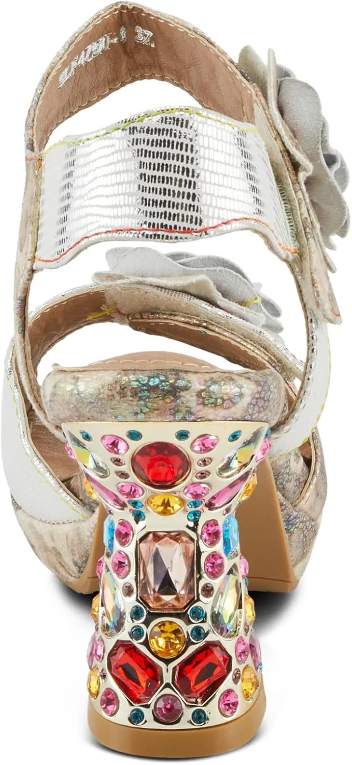Spring Step L'Artiste Women's SMASHING Metallic Leather Sandals - Opulent Decorative Flowers, Sculpted Jewel Heel, Wearable Art Footwear