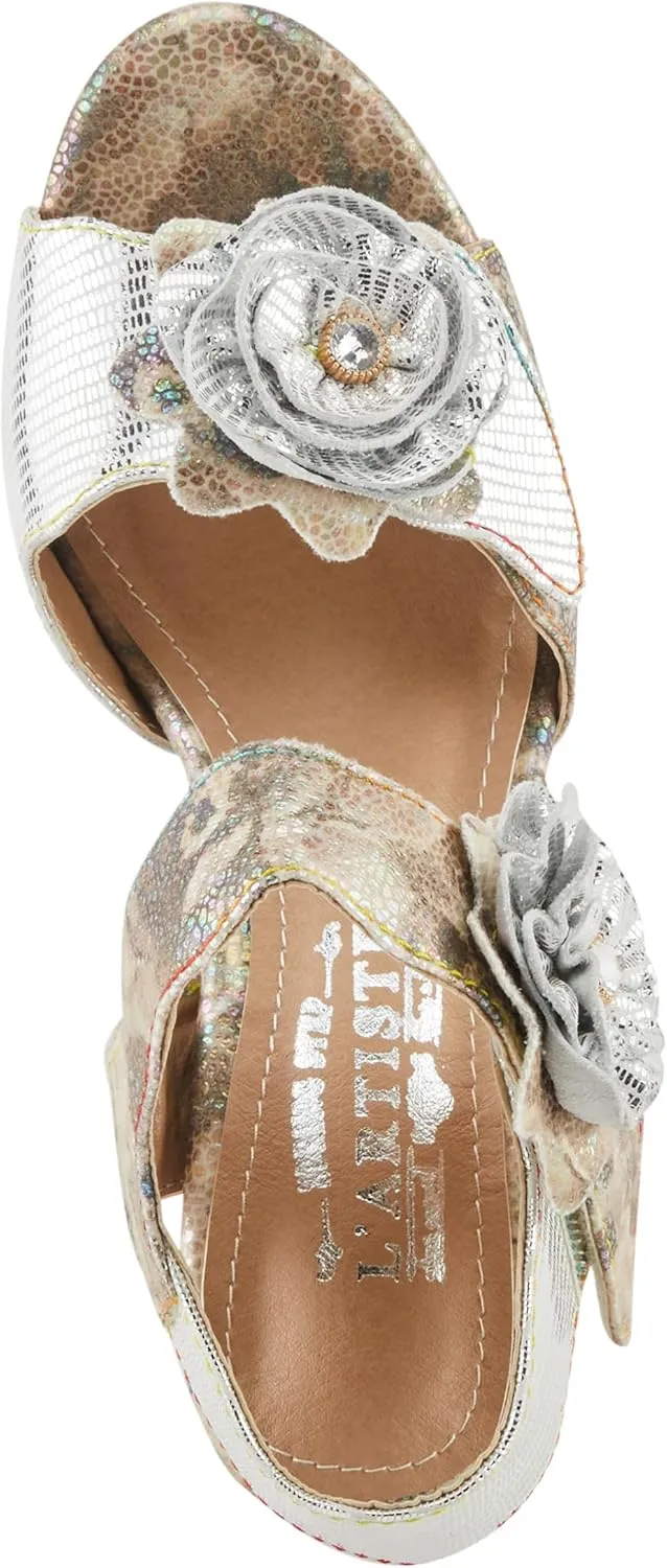 Spring Step L'Artiste Women's SMASHING Metallic Leather Sandals - Opulent Decorative Flowers, Sculpted Jewel Heel, Wearable Art Footwear