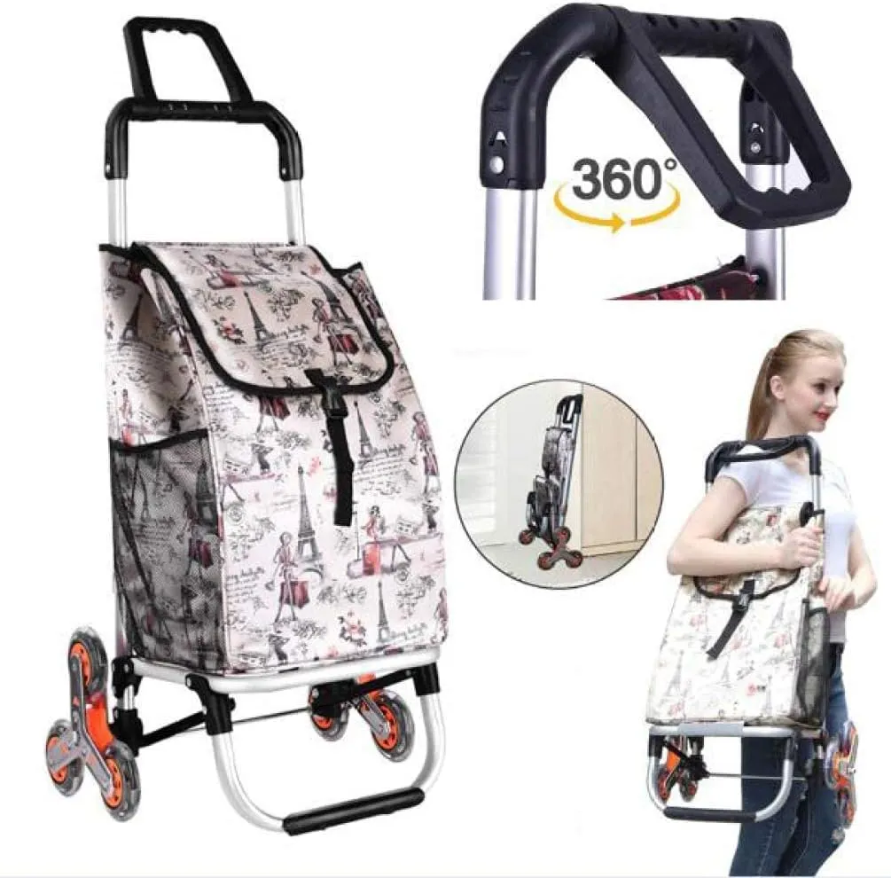 Stair Climbing Shopping Trolley On 6 Wheels & Crystal Wheels Folding Shopping Cart with Lid and Zip Pocket,40l Capacity Waterproof,Light, Strong & Stable Mobility Aid for