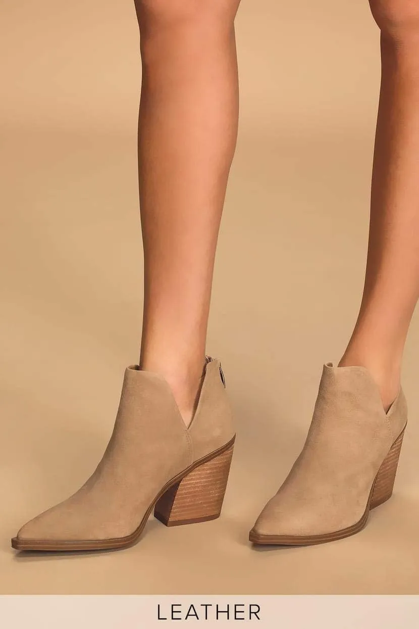 Steve Madden Alyse Tan Side Cut Block Heel Pointed Toe Fashion Leather Booties