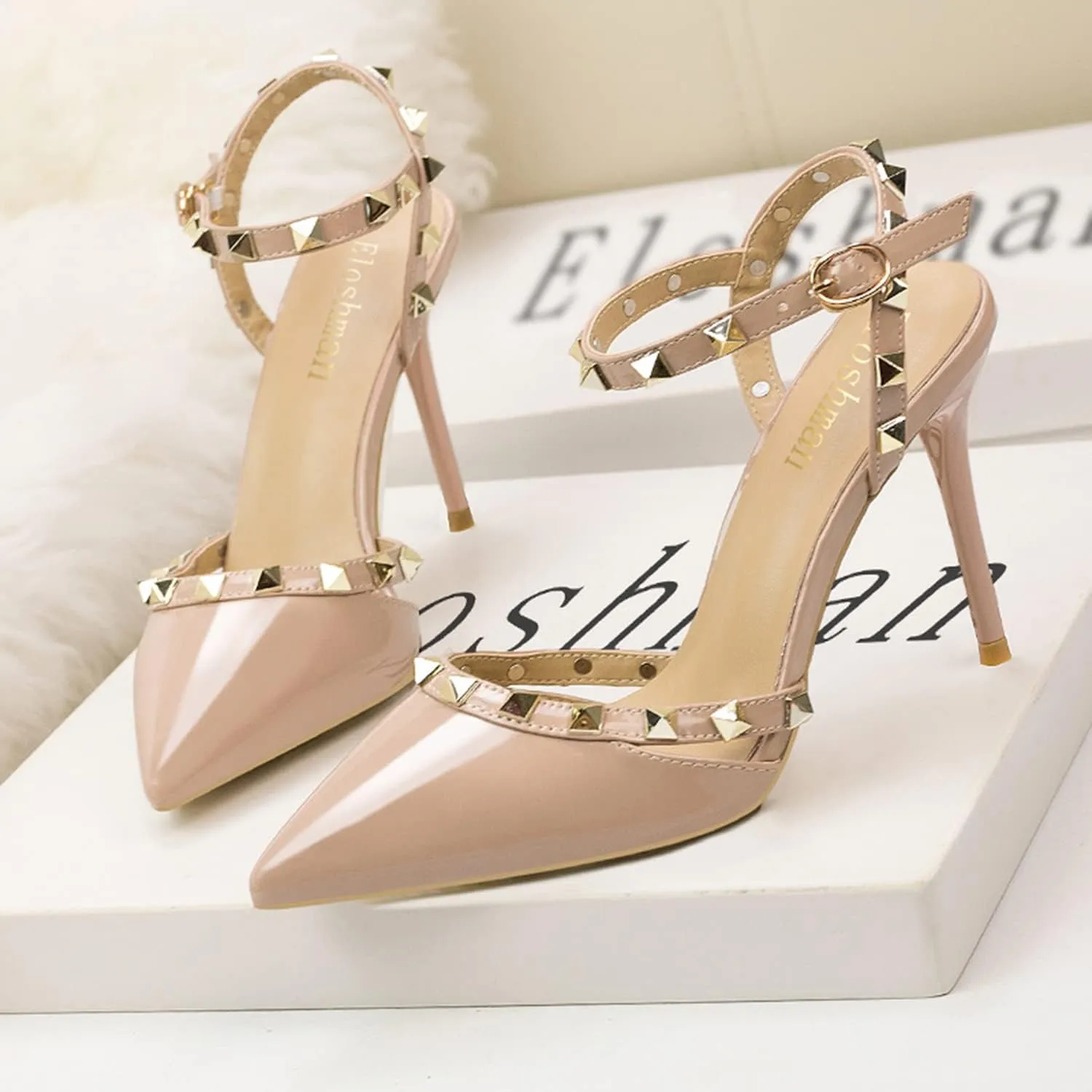 Studded Heels for Women Rivet T-Strap Slingback Wedding Stiletto High Heels Pointed Toe Bridal Daily Wear Sandals 3.5 Inch