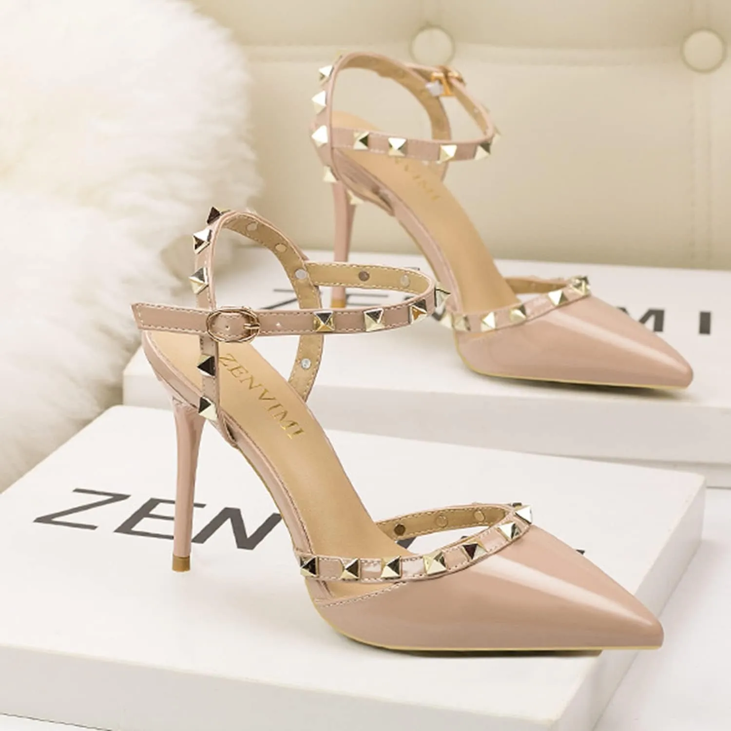Studded Heels for Women Rivet T-Strap Slingback Wedding Stiletto High Heels Pointed Toe Bridal Daily Wear Sandals 3.5 Inch