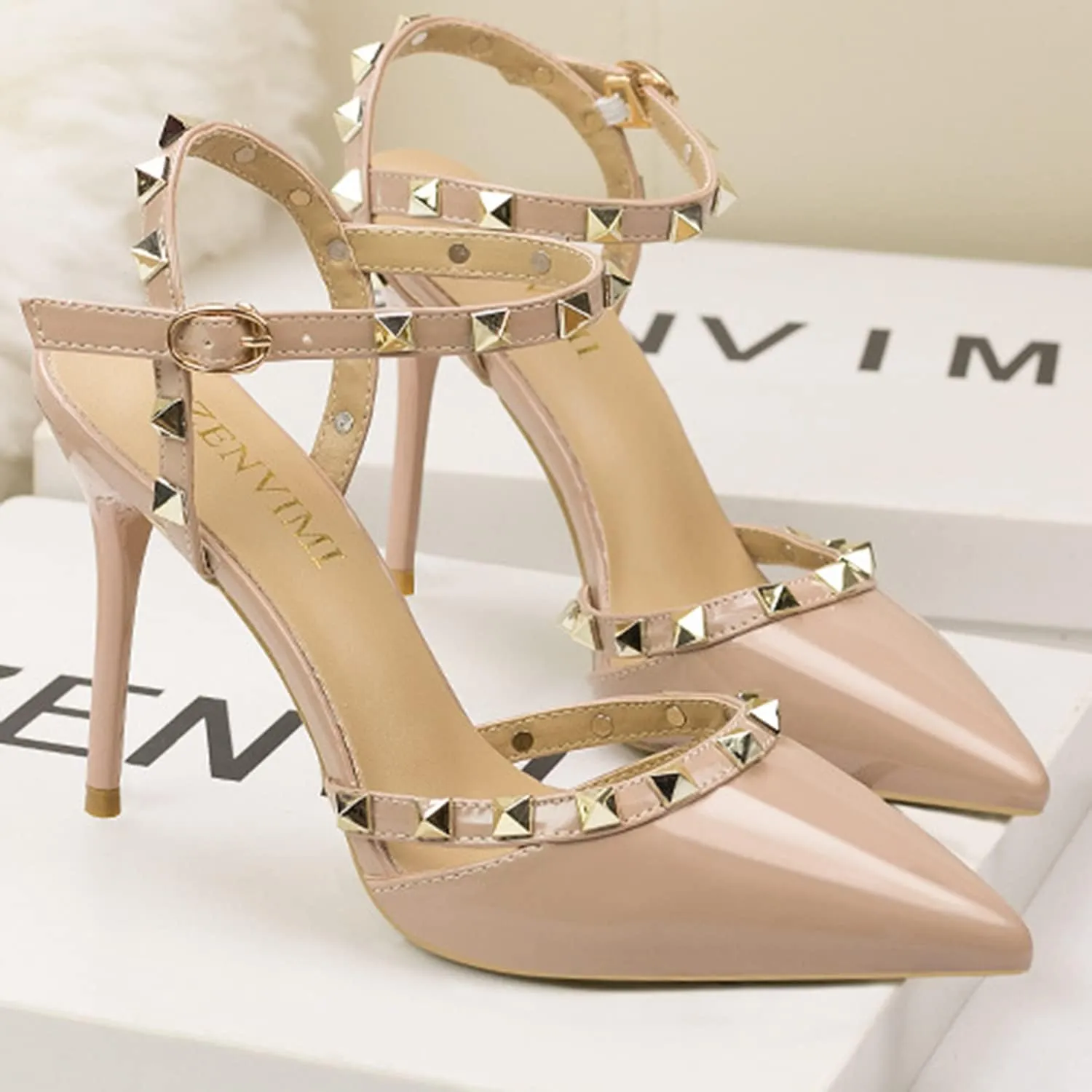 Studded Heels for Women Rivet T-Strap Slingback Wedding Stiletto High Heels Pointed Toe Bridal Daily Wear Sandals 3.5 Inch