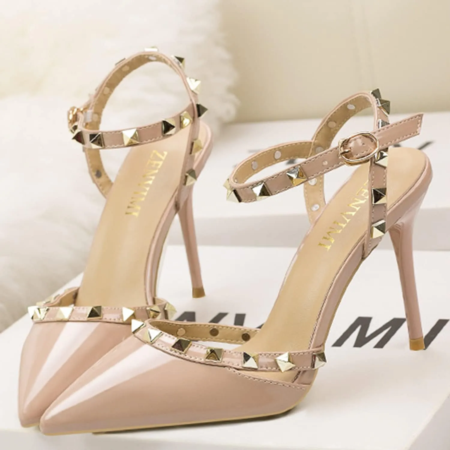 Studded Heels for Women Rivet T-Strap Slingback Wedding Stiletto High Heels Pointed Toe Bridal Daily Wear Sandals 3.5 Inch