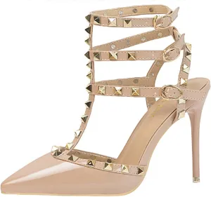 Studded Heels for Women Rivet T-Strap Slingback Wedding Stiletto High Heels Pointed Toe Bridal Daily Wear Sandals 3.5 Inch