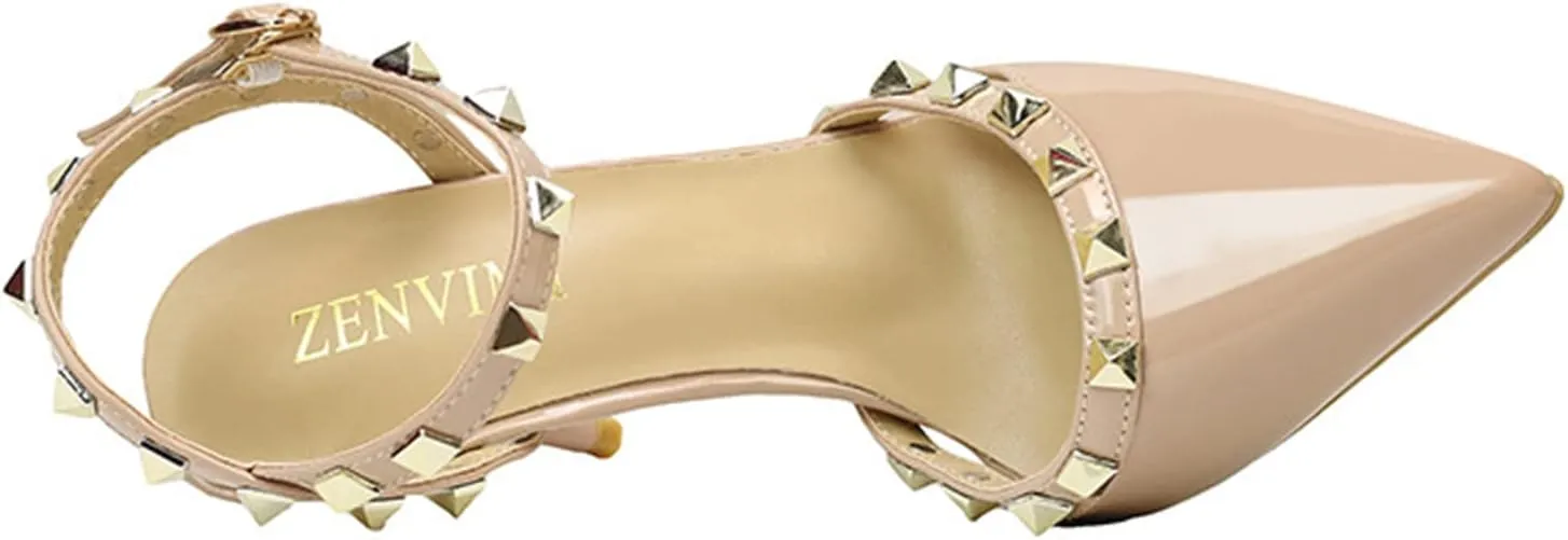 Studded Heels for Women Rivet T-Strap Slingback Wedding Stiletto High Heels Pointed Toe Bridal Daily Wear Sandals 3.5 Inch