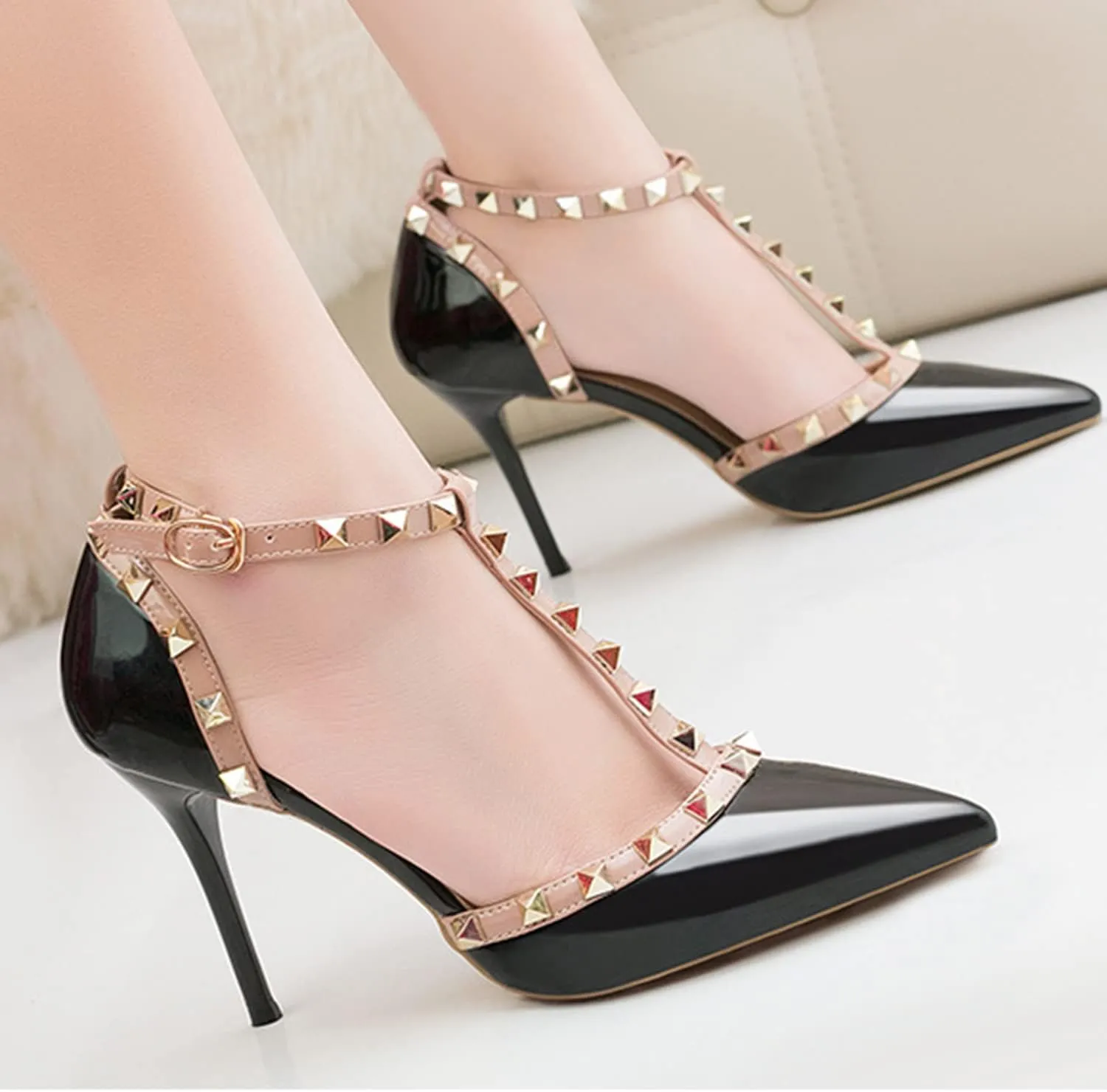 Studded Heels for Women Rivet T-Strap Wedding Stiletto High Heels Pointed Toe Bridal Daily Wear Sandals 3.5 Inch Mid Kitten Heel