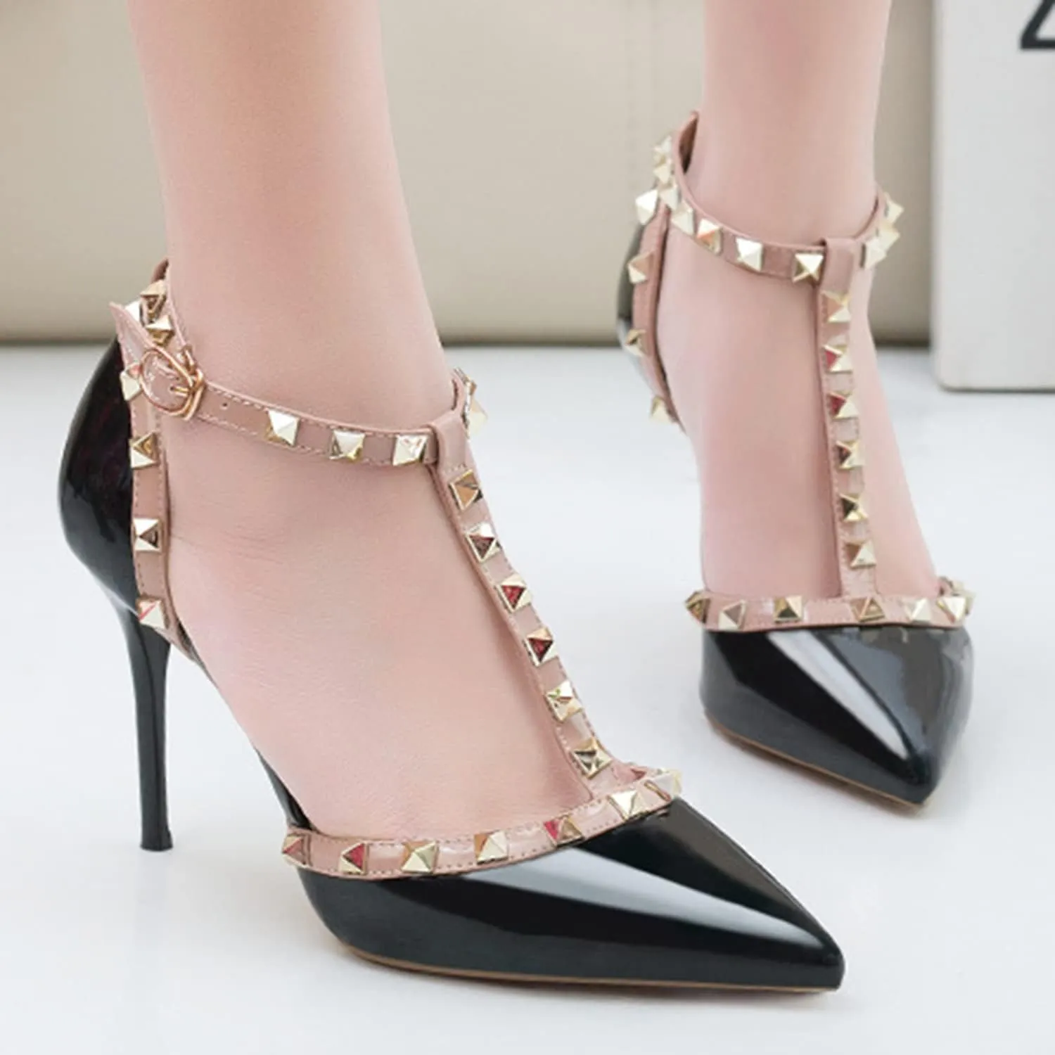 Studded Heels for Women Rivet T-Strap Wedding Stiletto High Heels Pointed Toe Bridal Daily Wear Sandals 3.5 Inch Mid Kitten Heel
