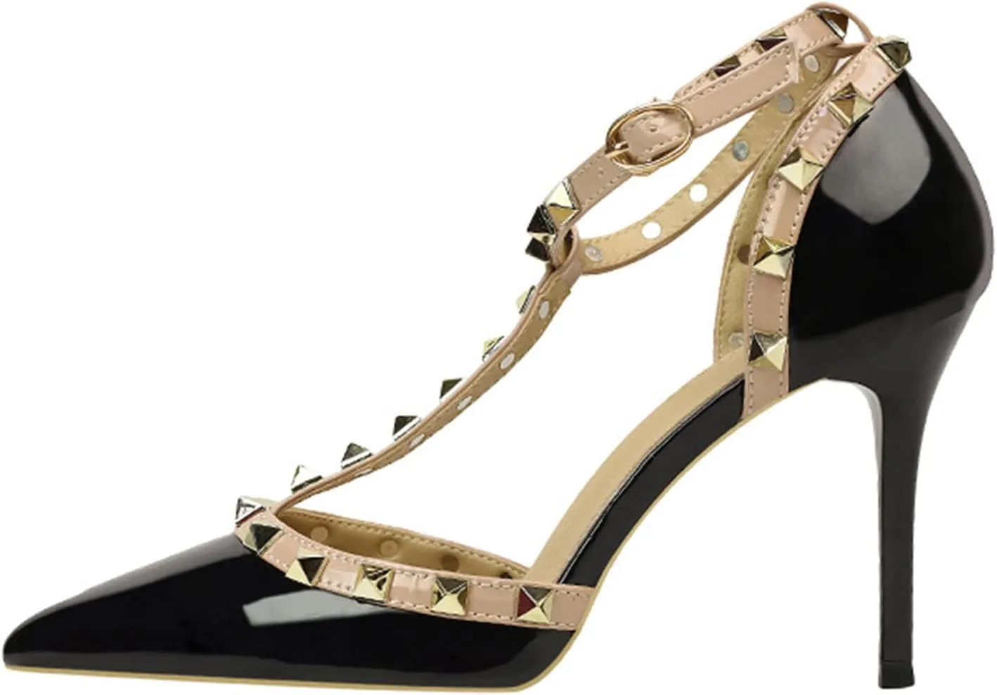 Studded Heels for Women Rivet T-Strap Wedding Stiletto High Heels Pointed Toe Bridal Daily Wear Sandals 3.5 Inch Mid Kitten Heel
