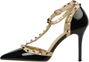 Studded Heels for Women Rivet T-Strap Wedding Stiletto High Heels Pointed Toe Bridal Daily Wear Sandals 3.5 Inch Mid Kitten Heel