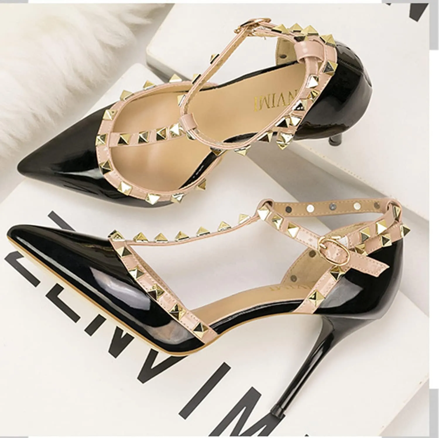 Studded Heels for Women Rivet T-Strap Wedding Stiletto High Heels Pointed Toe Bridal Daily Wear Sandals 3.5 Inch Mid Kitten Heel