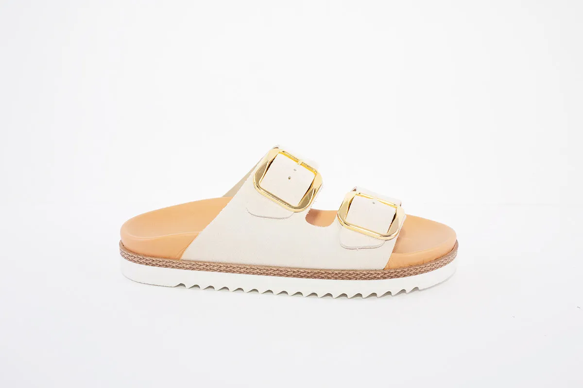 TAMARIS - 27404-457 DOUBLE STRAP FLAT MULE - CREAM NUBUCK