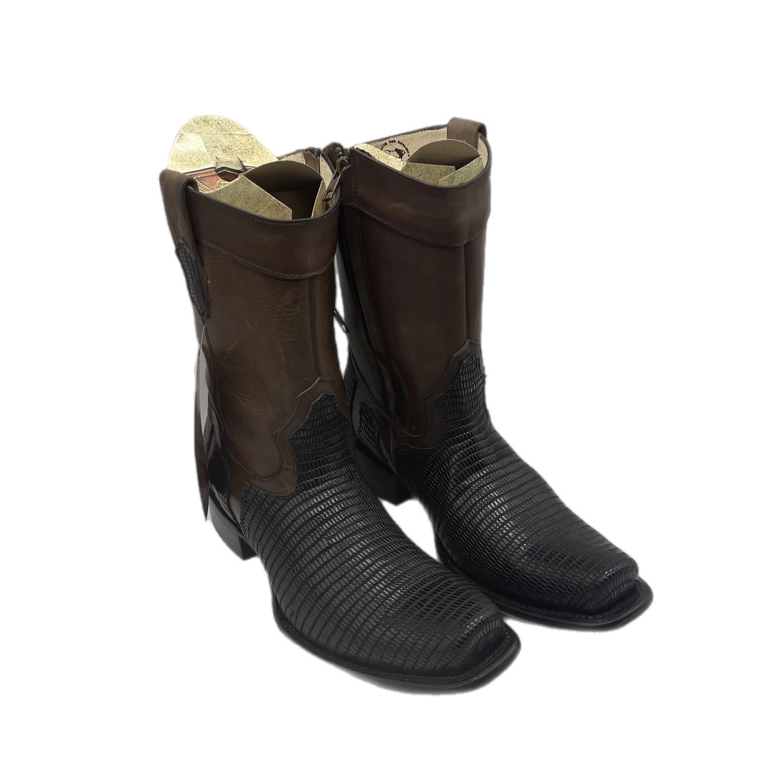 Texturized black and brow leather boots