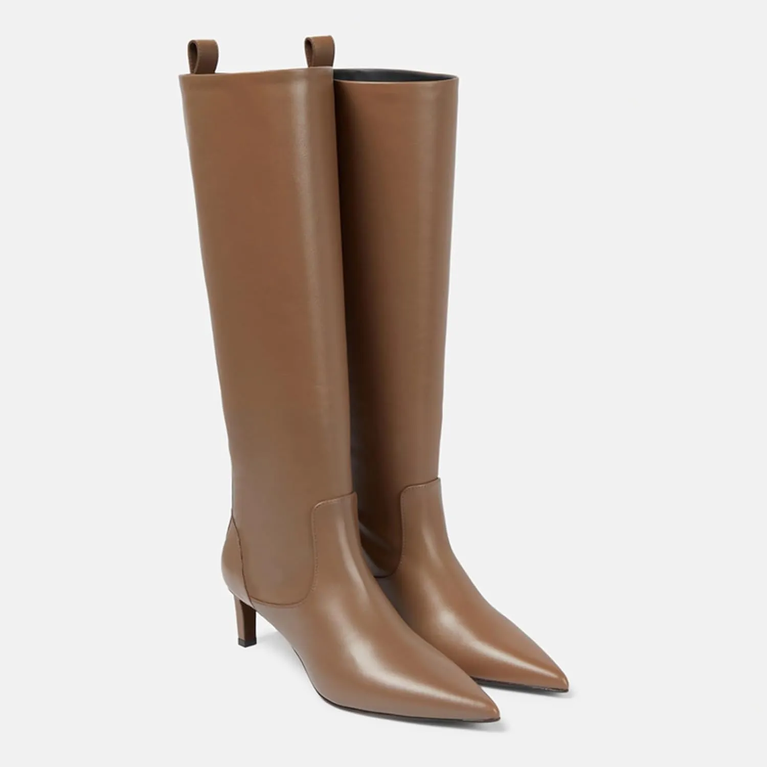 THESHY Leather Knee High Boots for Women Stiletto Heel and Pointed Toe Thigh High Boots Classic Sexy Pull on Tall Boot