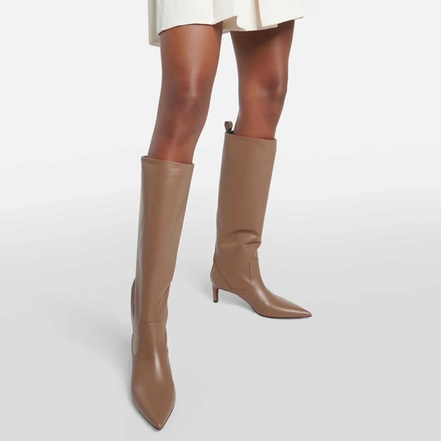 THESHY Leather Knee High Boots for Women Stiletto Heel and Pointed Toe Thigh High Boots Classic Sexy Pull on Tall Boot