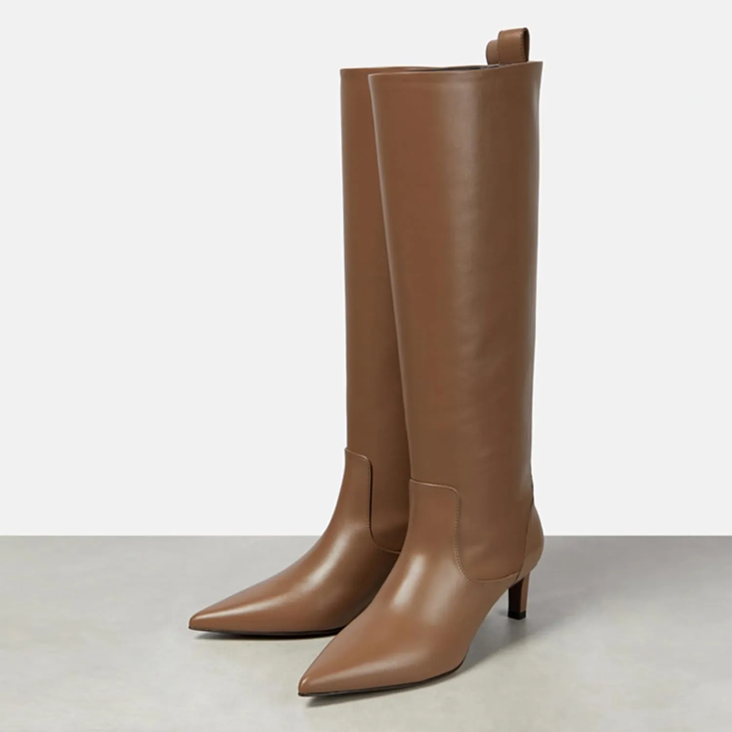 THESHY Leather Knee High Boots for Women Stiletto Heel and Pointed Toe Thigh High Boots Classic Sexy Pull on Tall Boot